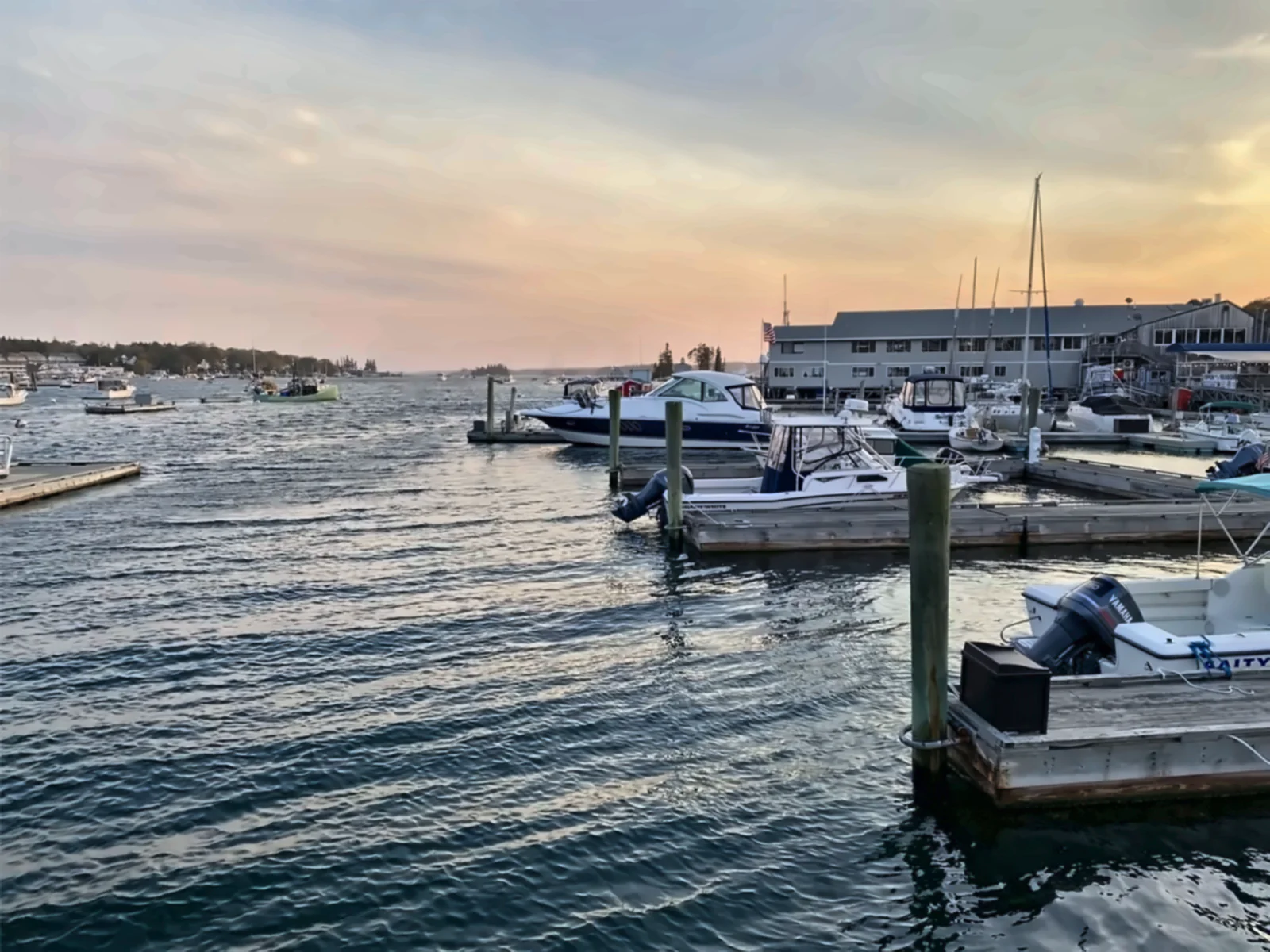 Boothbay Harbor waterfront at sunset, Maine