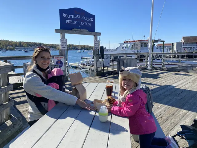 The town dock and picnic tables in Boothbay Harbor